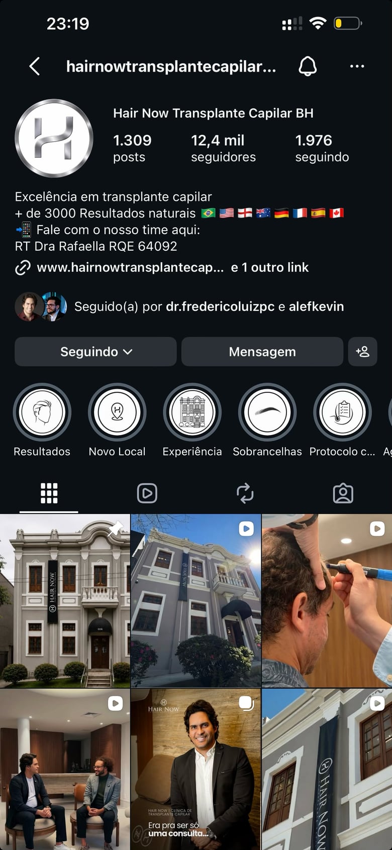 Perfil no Instagram da Hair Now, @hairnowtransplantecapilar